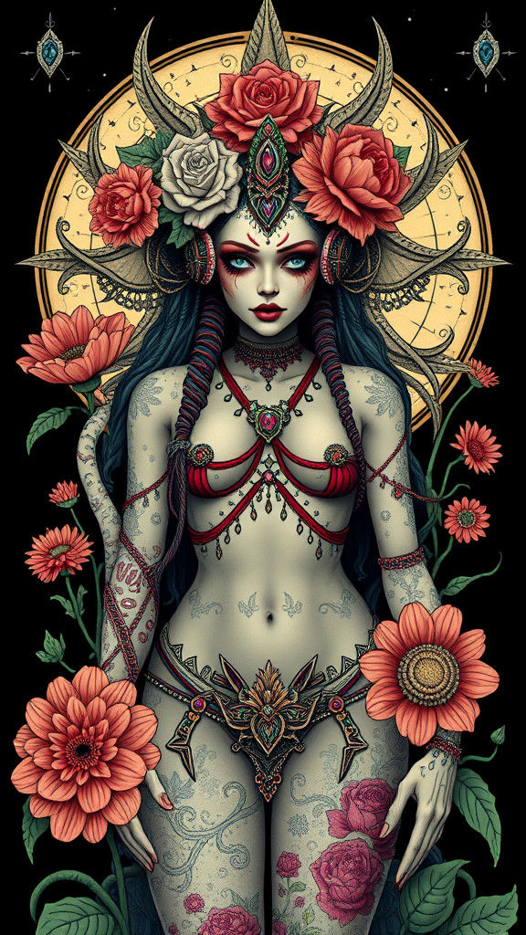 Xenomorphic Vitruvian Human in Flowerpunk Style