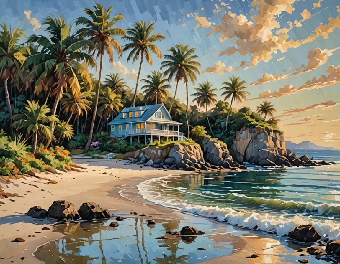 Impressionist Beach House Painting in Golden Light