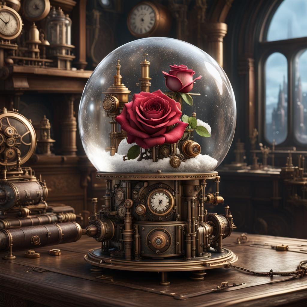 Steampunk Rose Snowglobe in 8K Resolution