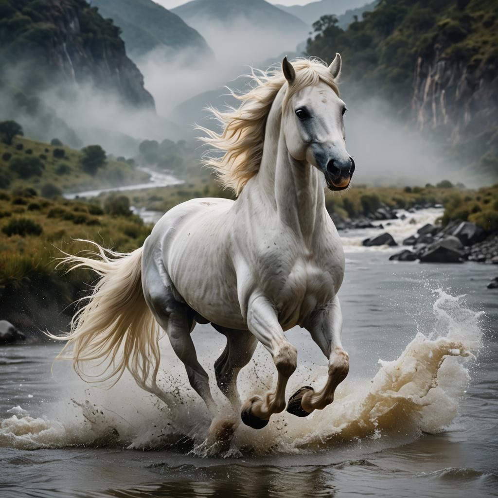 Majestic White Stallion Galloping River: Documentary Photogr...