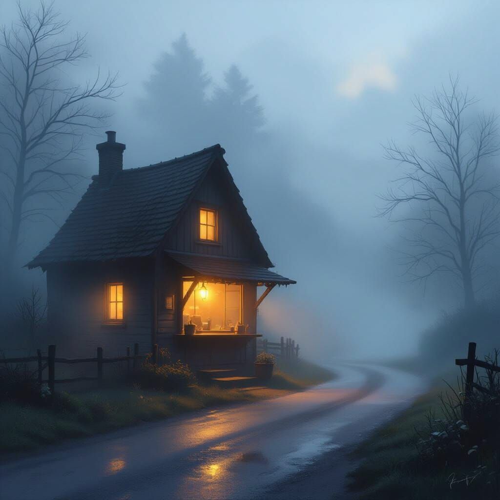 Warm Tea Stall in Foggy Rural Night: Atmospheric Concept Art