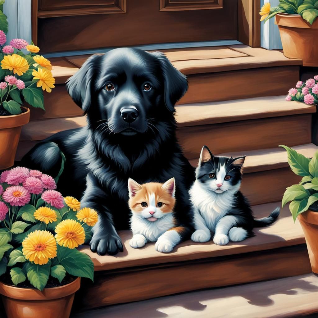 Dog and Kitten Napping: A Detailed Matte Painting