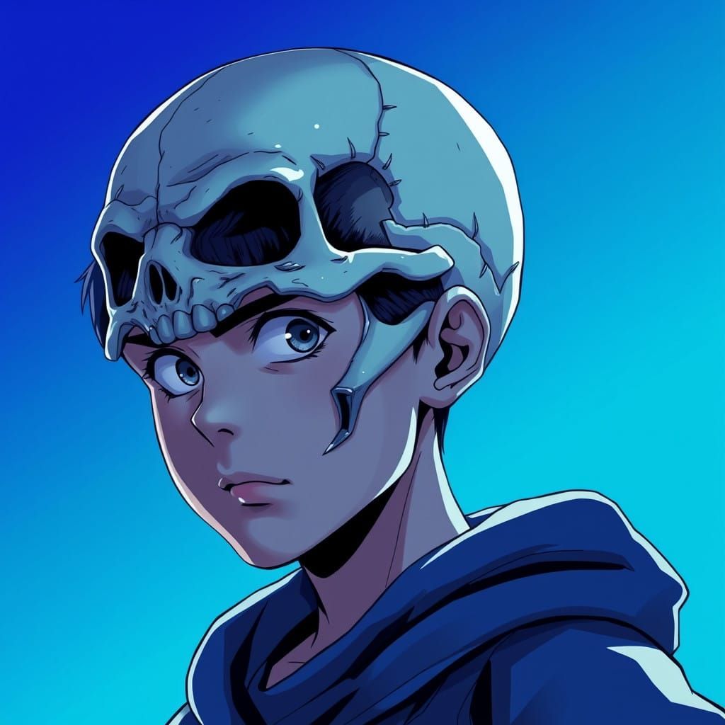 Anime-Style Boy with Skull Head, Set Against Vibrant Blue Ba...