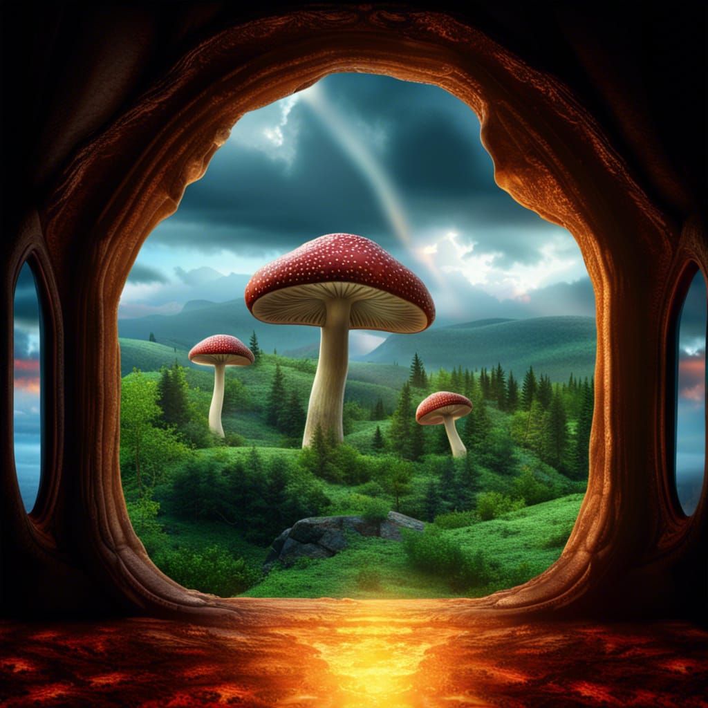 Mushroom Realm Window in Dark Fantasy Style