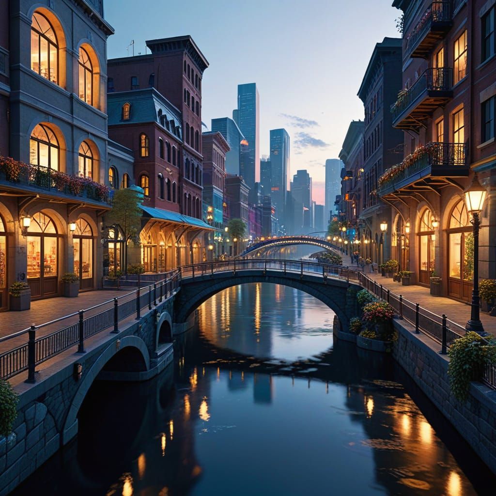 Surreal Utopian Cityscape with a Vibrant Bridge