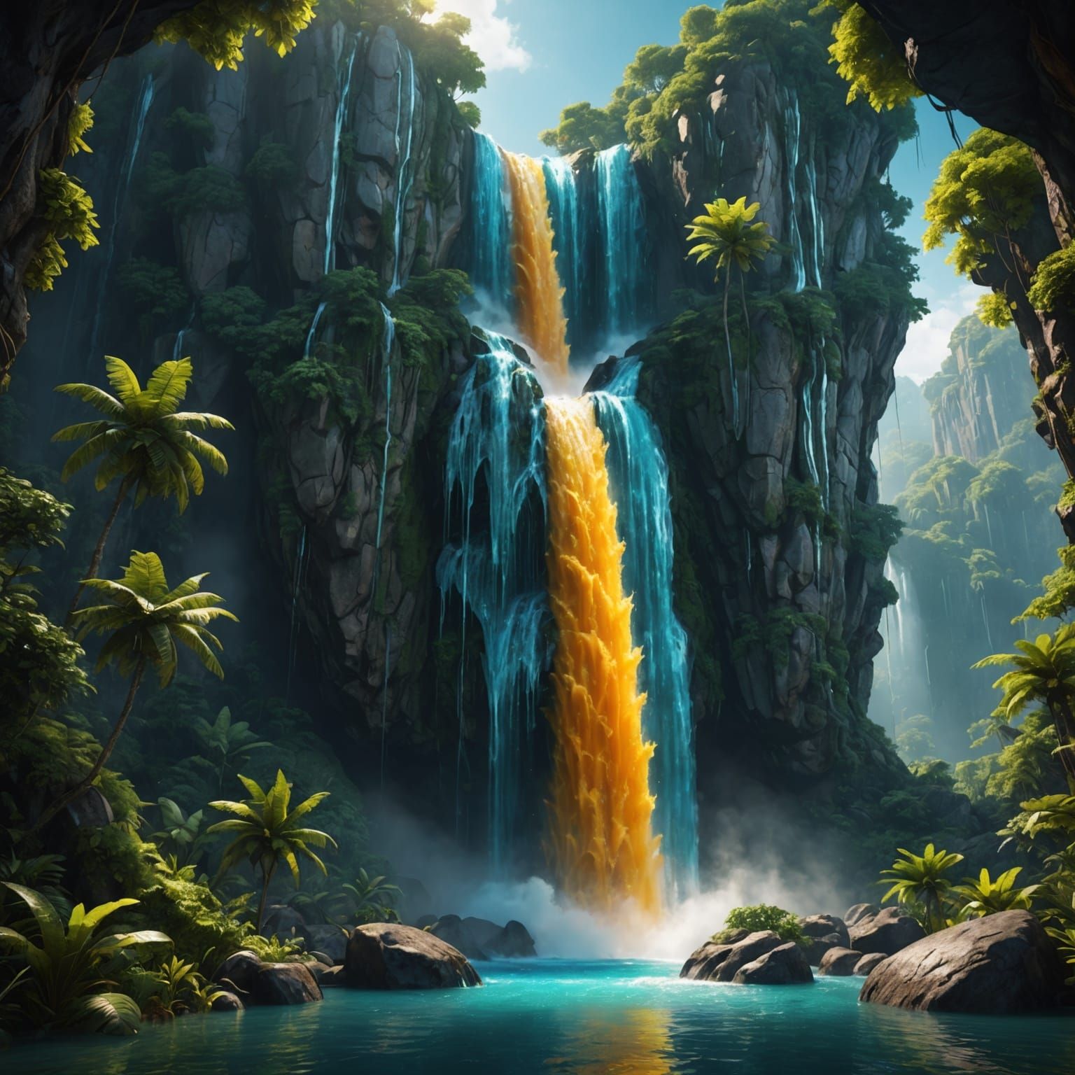 Waterfall in Glass Mango Shape: Detailed Matte Painting
