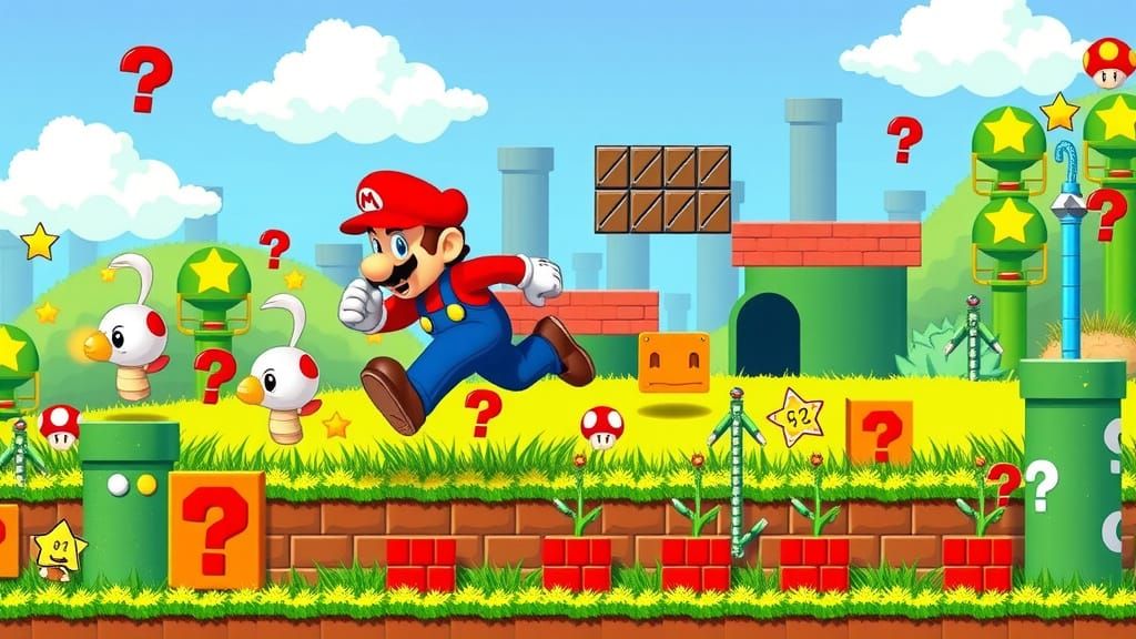 Mario Runs Through 8-bit Pixelated Landscape