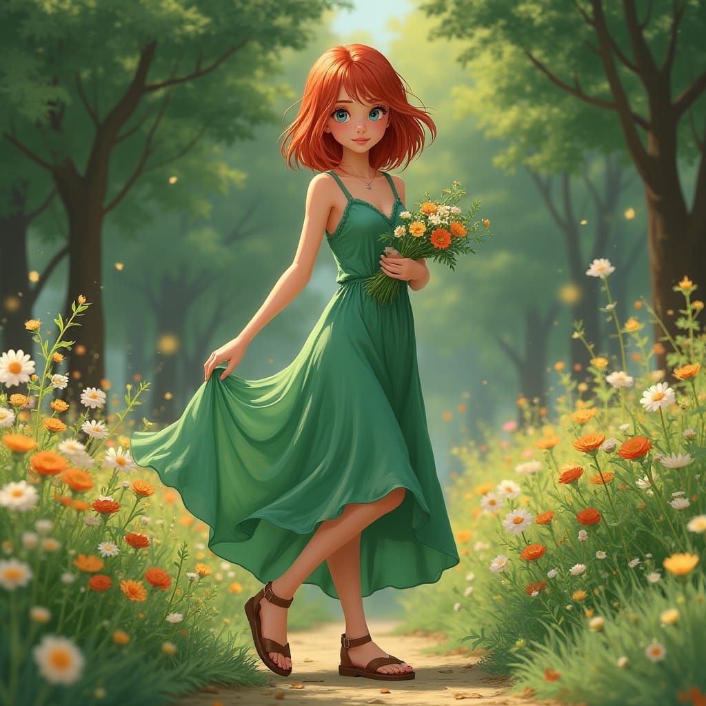 A Young Woman in a Lush Park, Picking Flowers in Hyper-Reali...