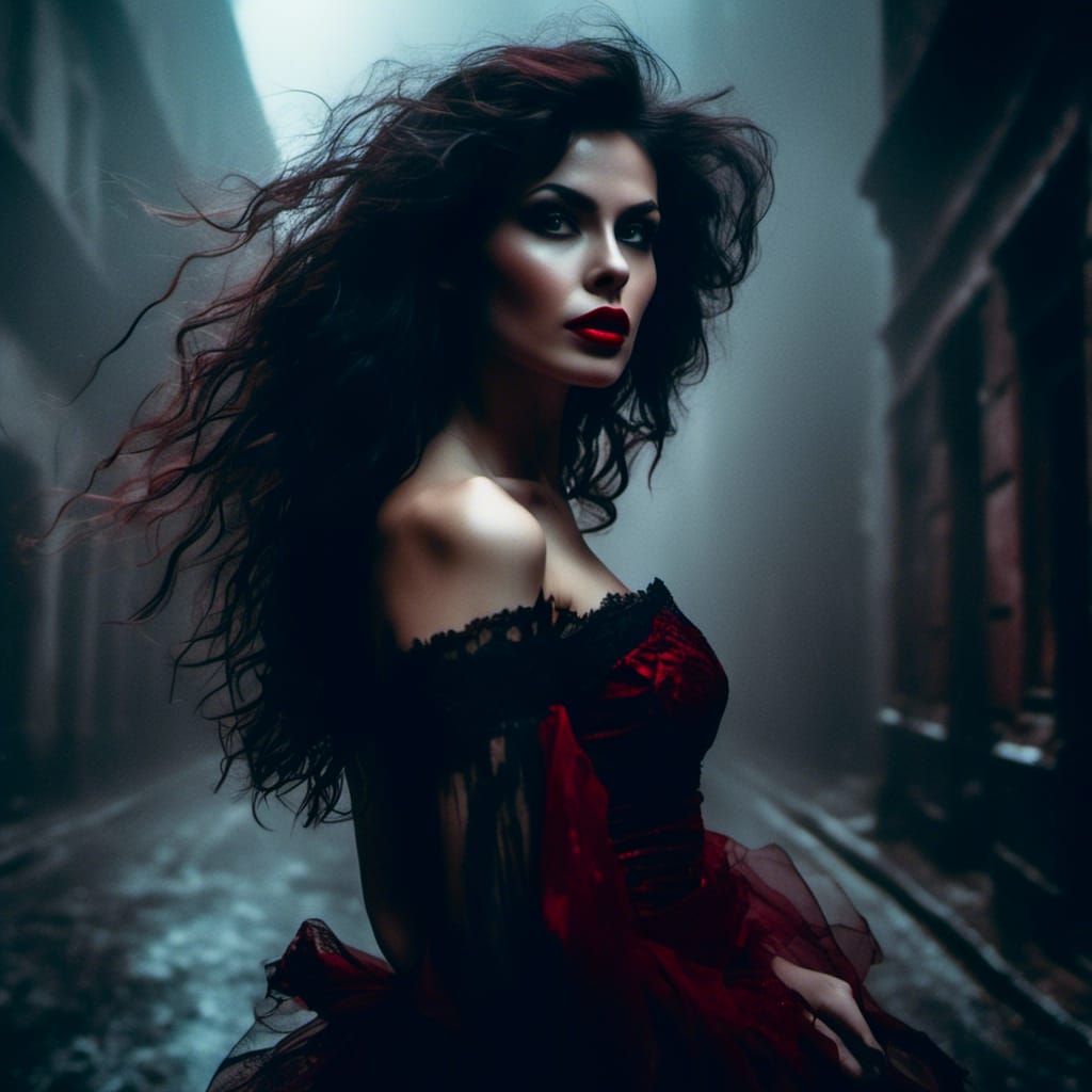 Ethereal Gothic Woman Portrait in Noir Cityscape