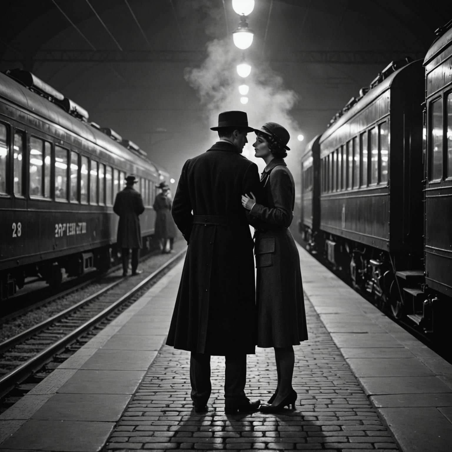 1920s Couple Embrace on Train Platform, Silent Film Style