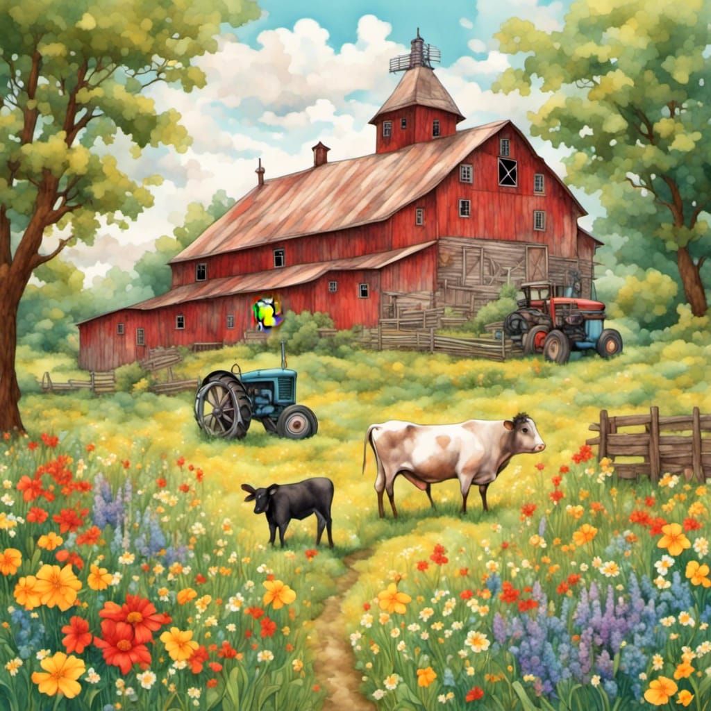 Watercolor Farmhouse Amidst Wildflowers
