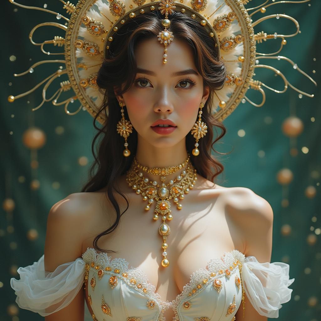 Elegant Woman in Crystal Suit Levitating in Air