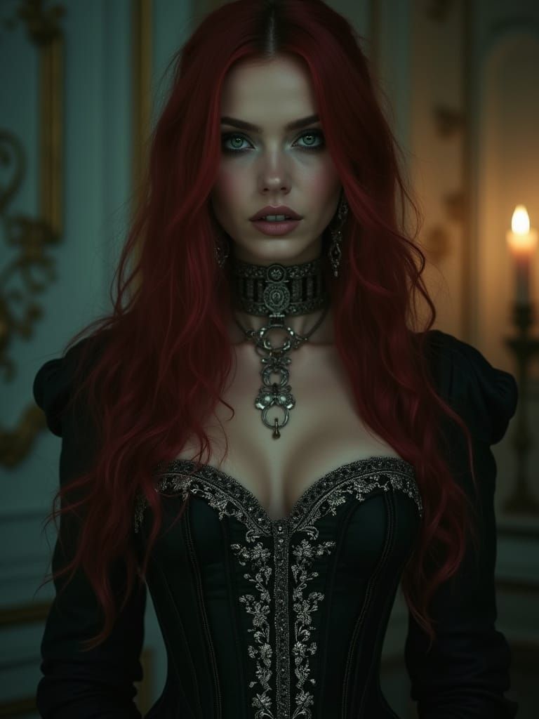 Gothic Vampire Woman in Luxurious Dark Corset