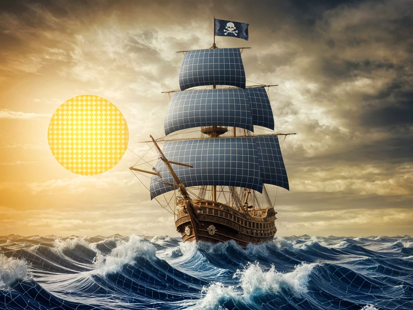 Majestic Pirate Ship Sails Through Gingham Pattern Sea in Di...