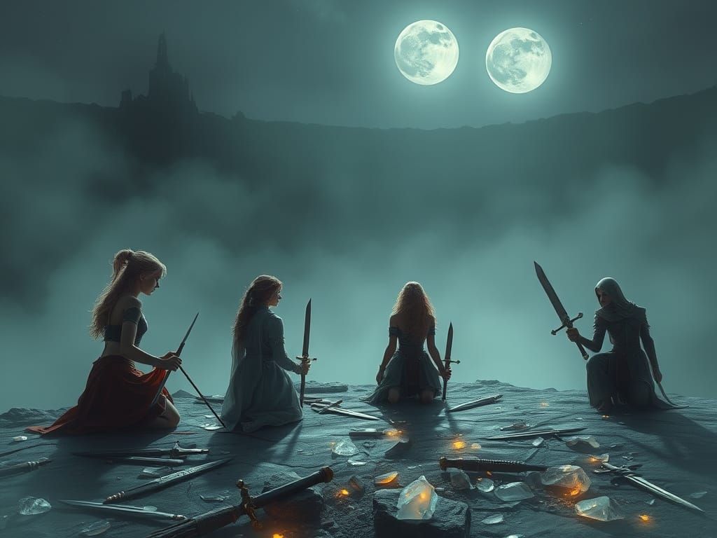 Exhausted Guardians at Crater's Edge in Dreamy Fantasy Style