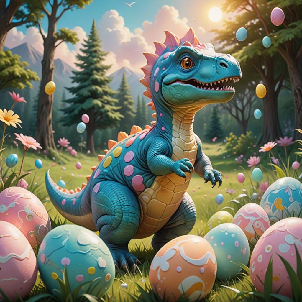 Whimsical Easter Bunny Dinosaur in Pastel Paradise