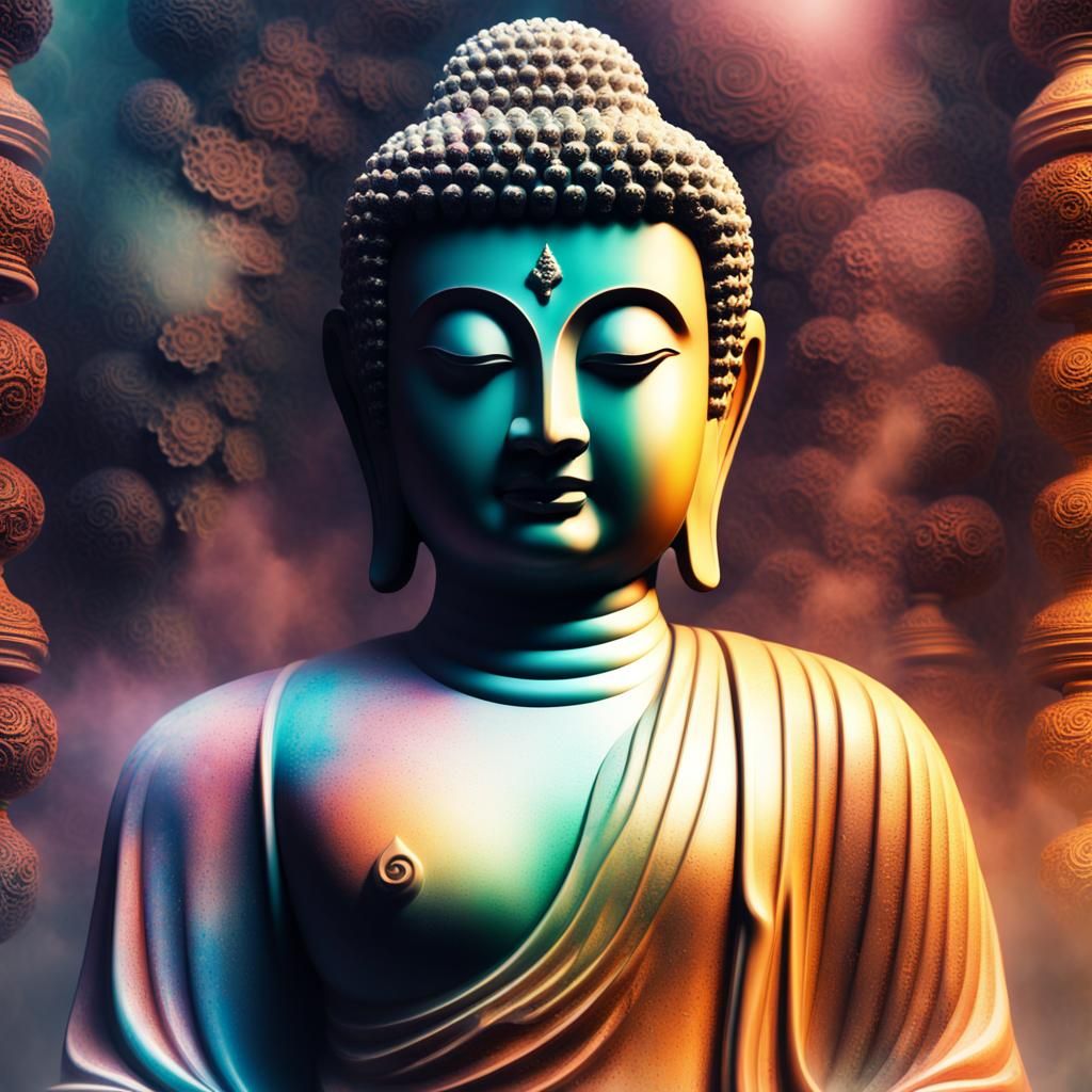Buddha Statue in Vibrant Fractal Mist