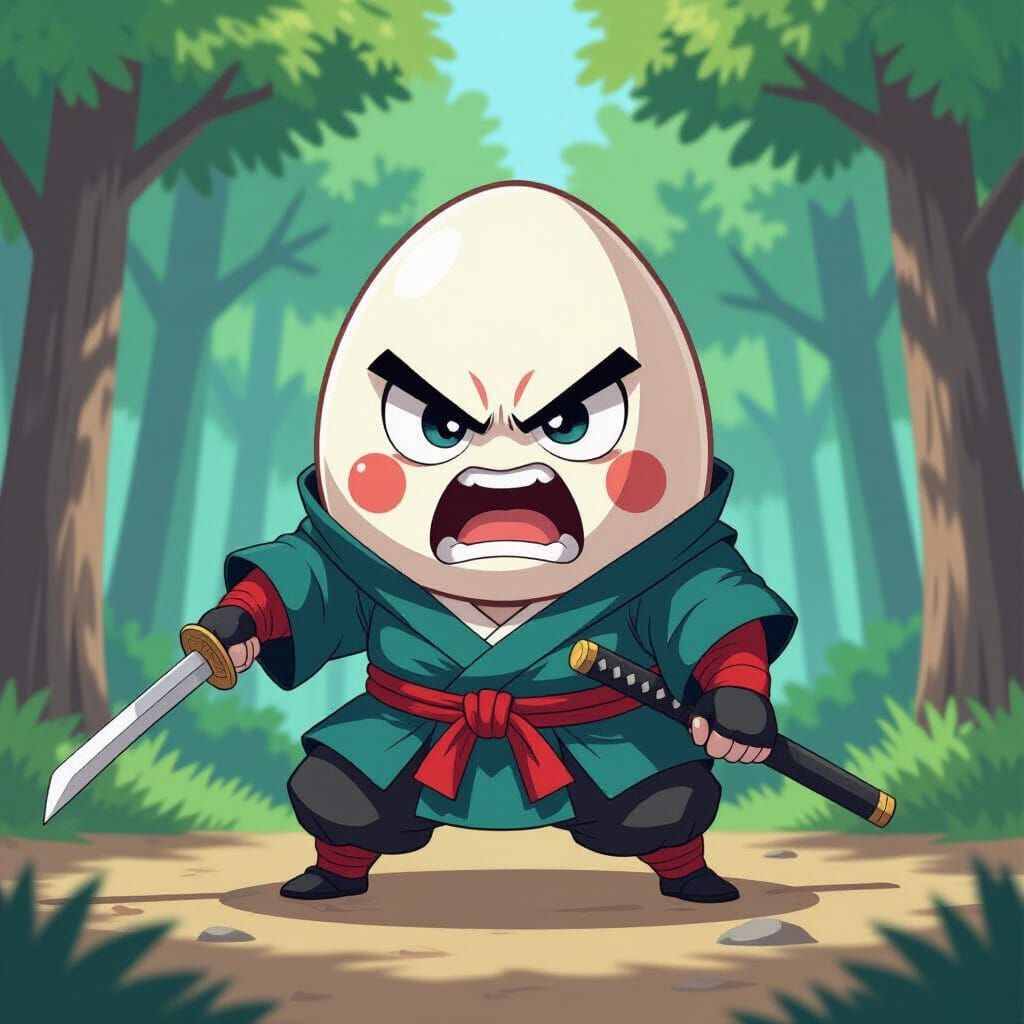 Furious Samurai Egg in Anime Style Forest
