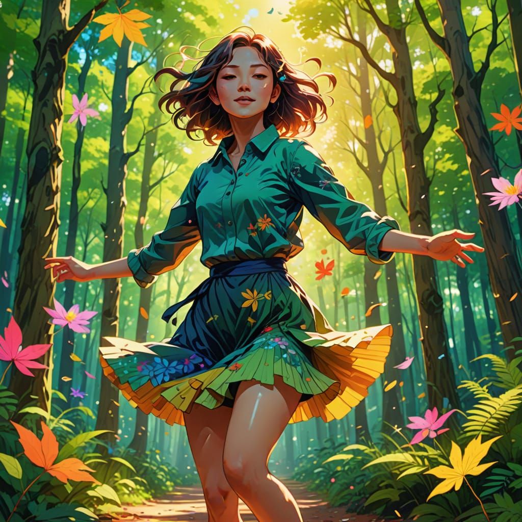 Woman Dancing in Forest: Anime Style Digital Art