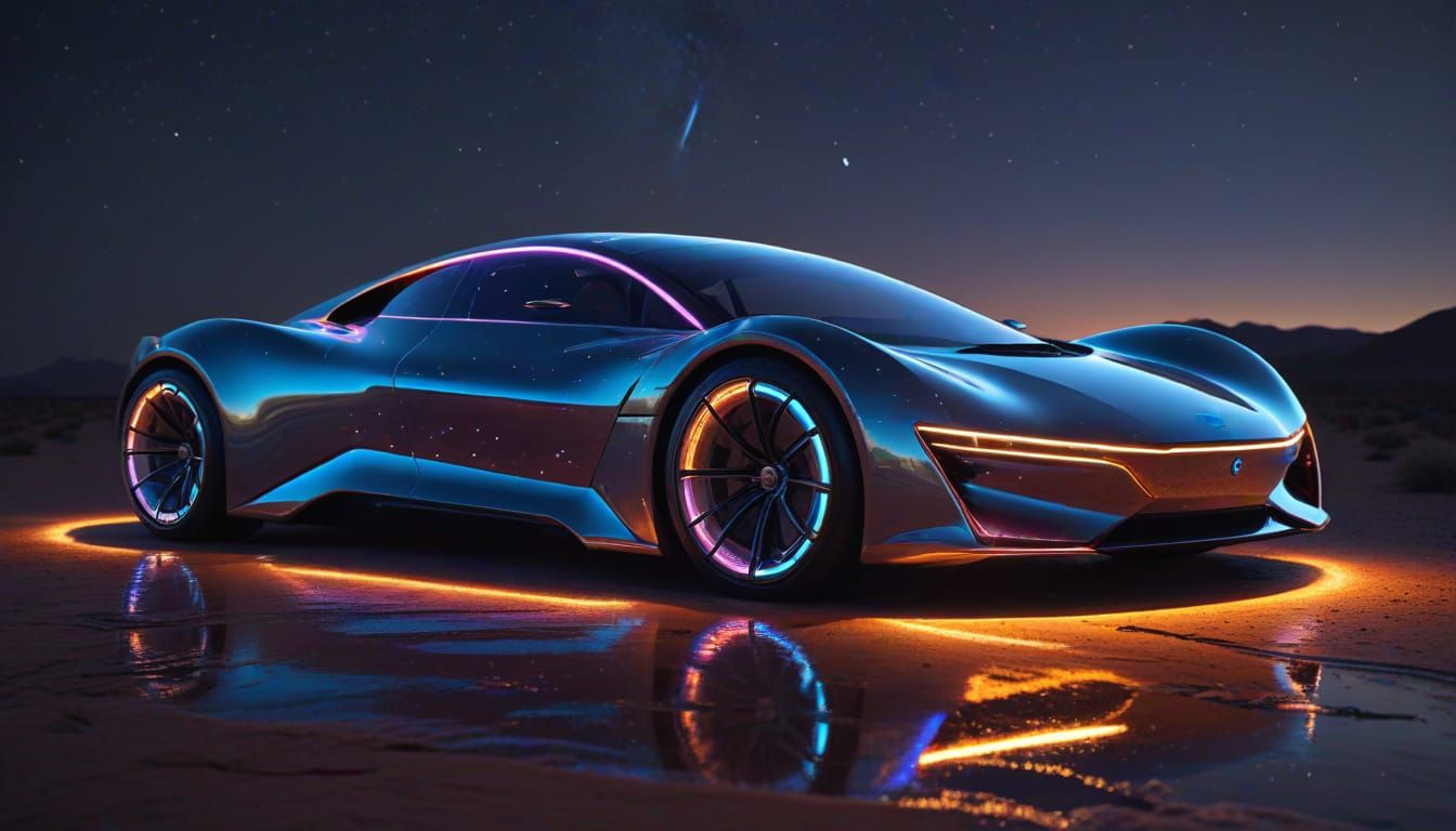 Futuristic Solar Car in Desert Night Sky