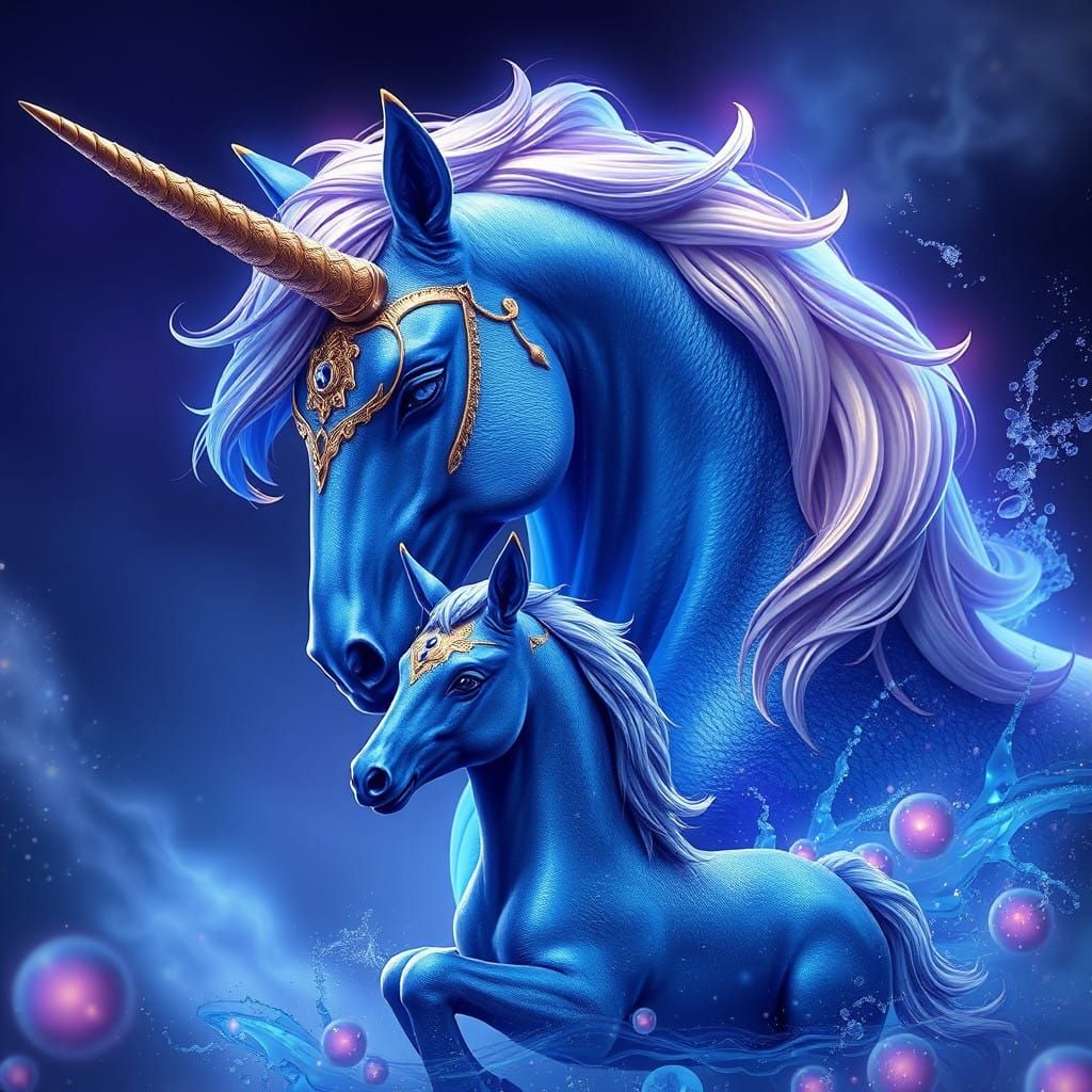 Sapphire and Gold Unicorn Mother and Foal in Vivid Fantasy A...