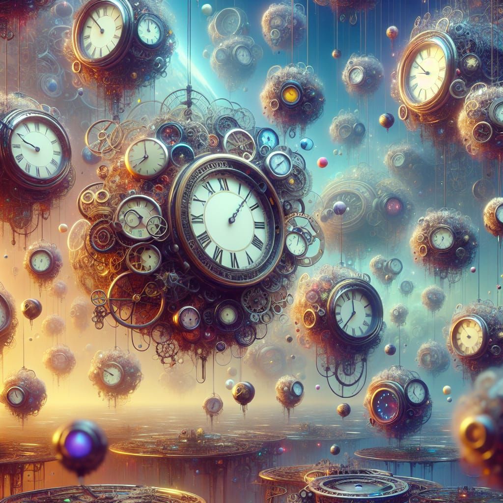 Fantastical Still Life with Floating Clocks