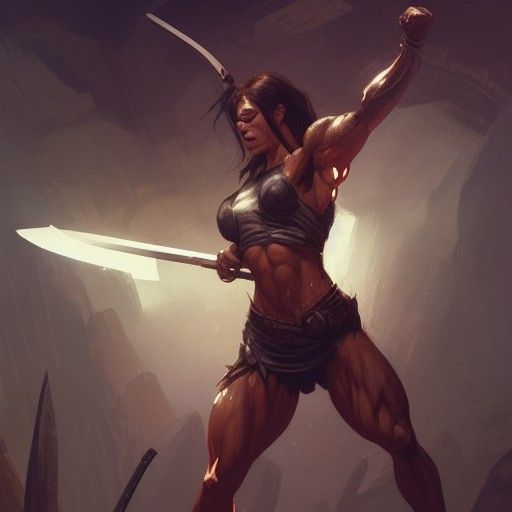 Muscle Woman's Dark Fantasy Cavern Battle