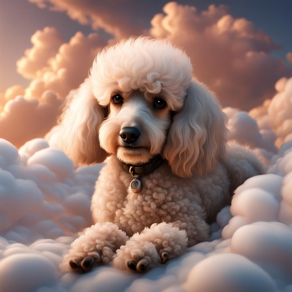 Champagne Poodle Dreams on Clouds: Ethereal Matte Painting
