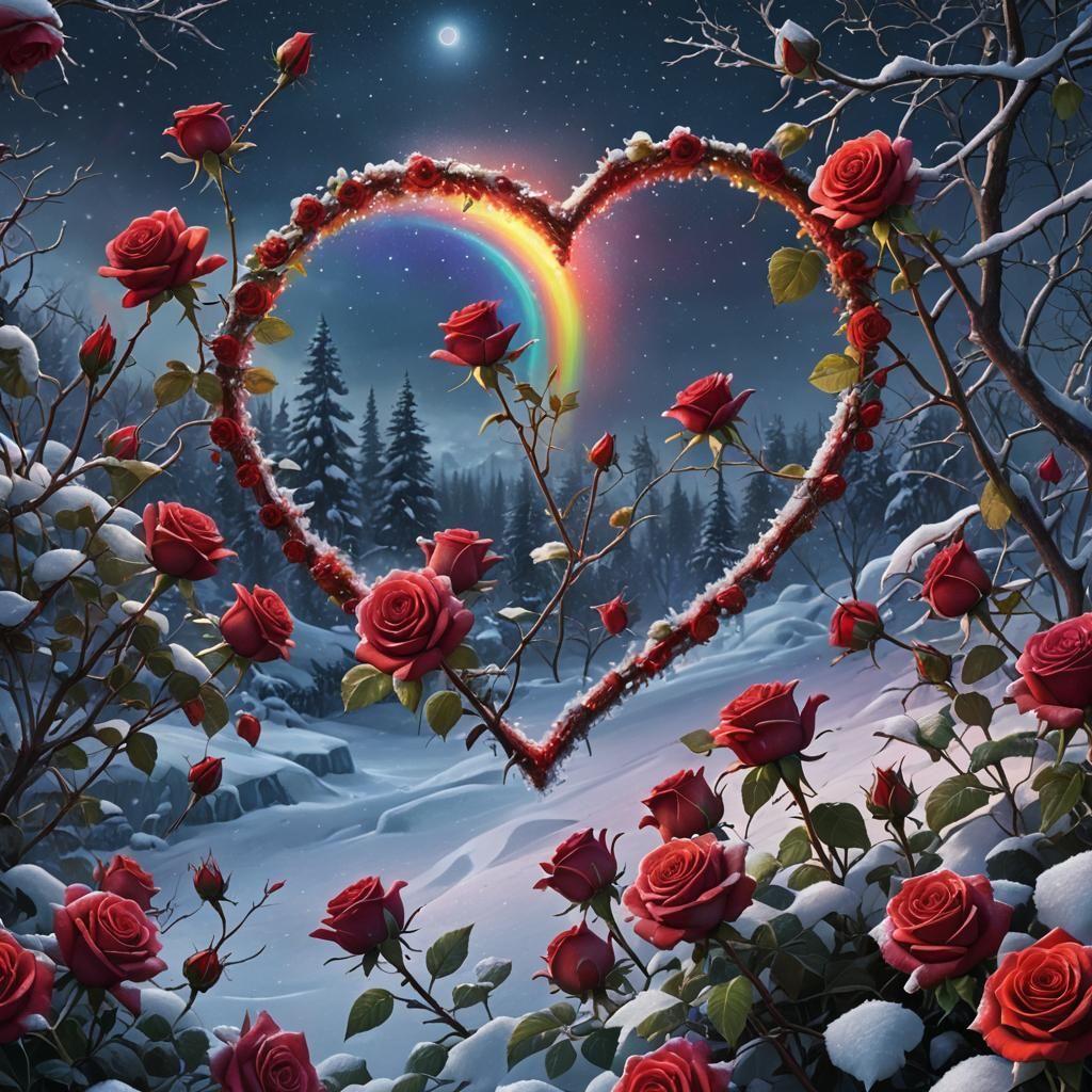 Red Roses in Round Rainbow on Snowy Night