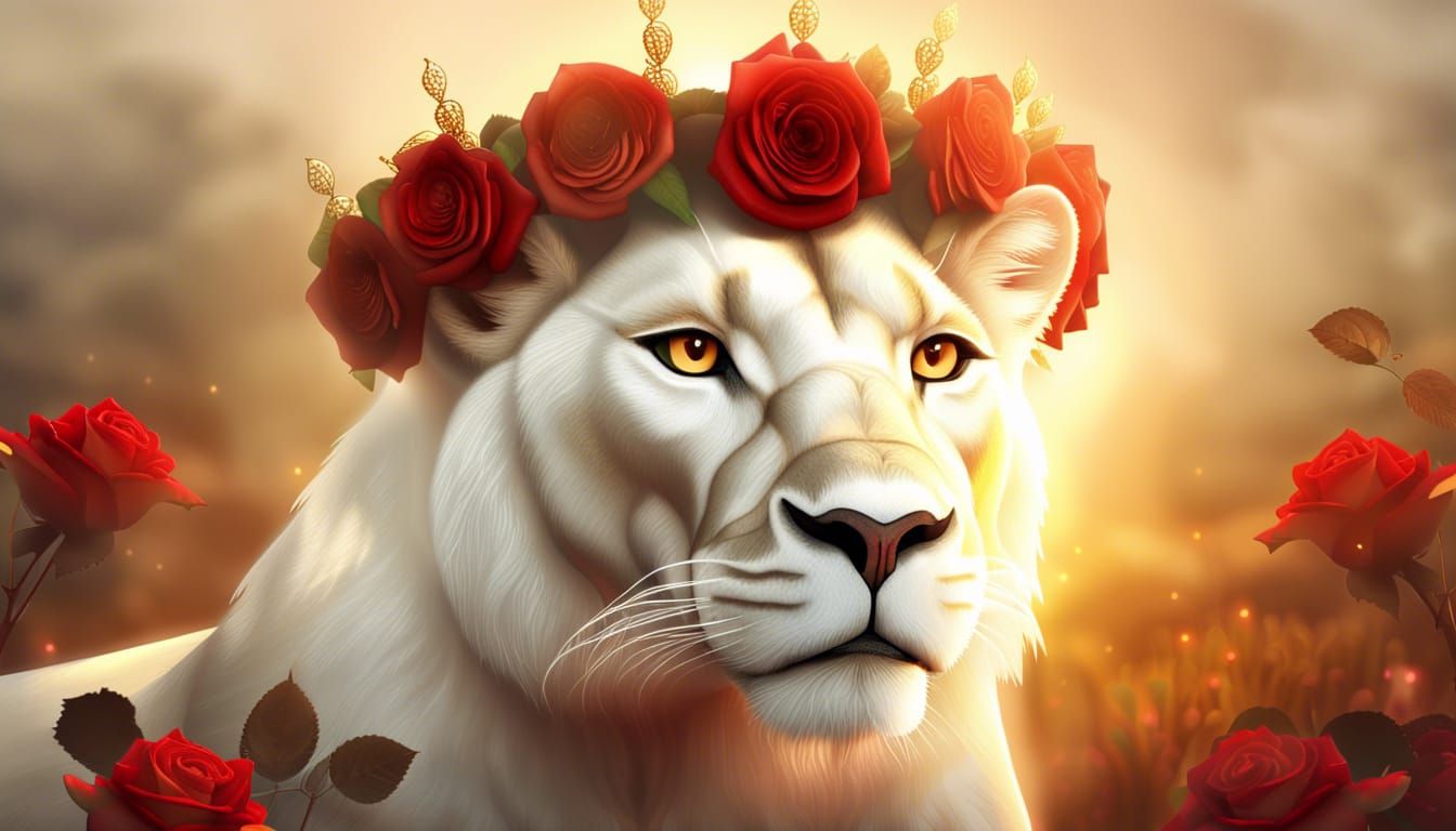 Magical White Lioness with Roses in Golden Sunrise