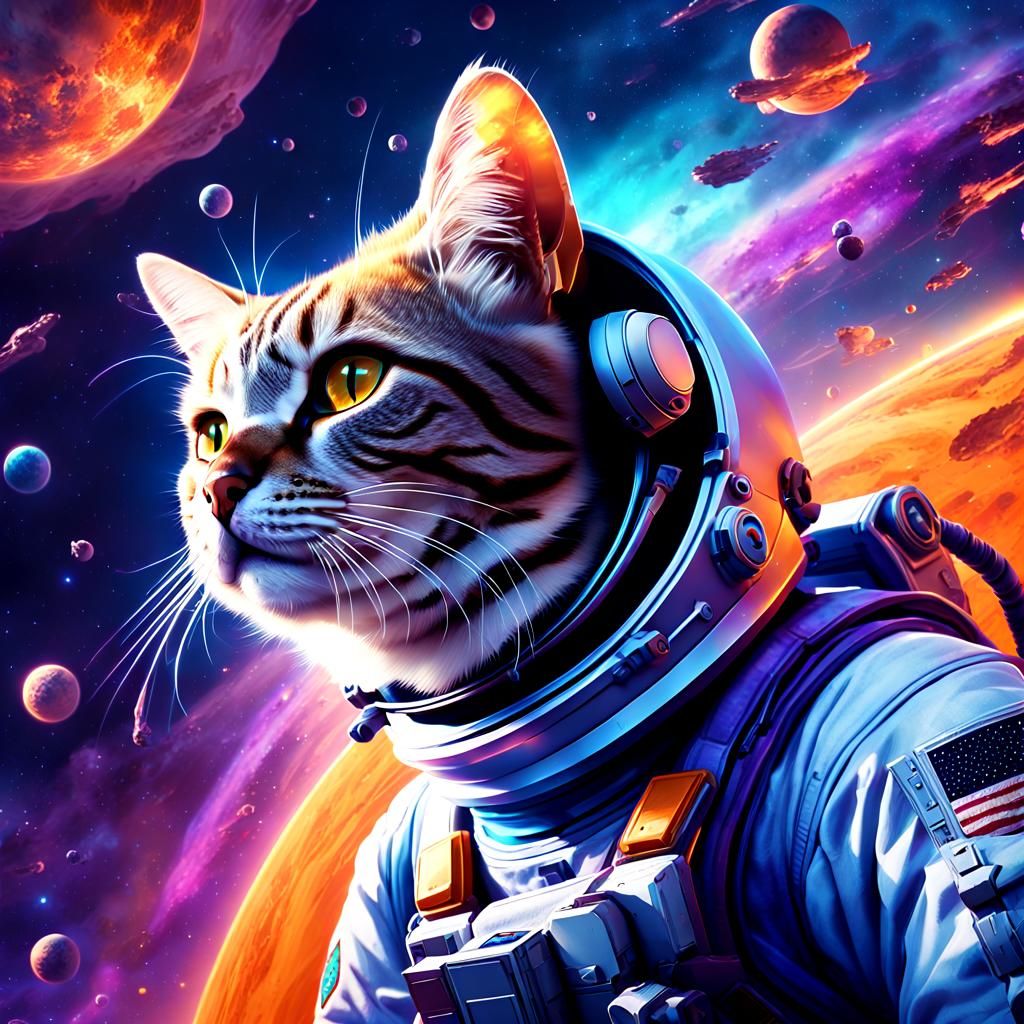 Astronaut Cat Floating in Nebula: Concept Art