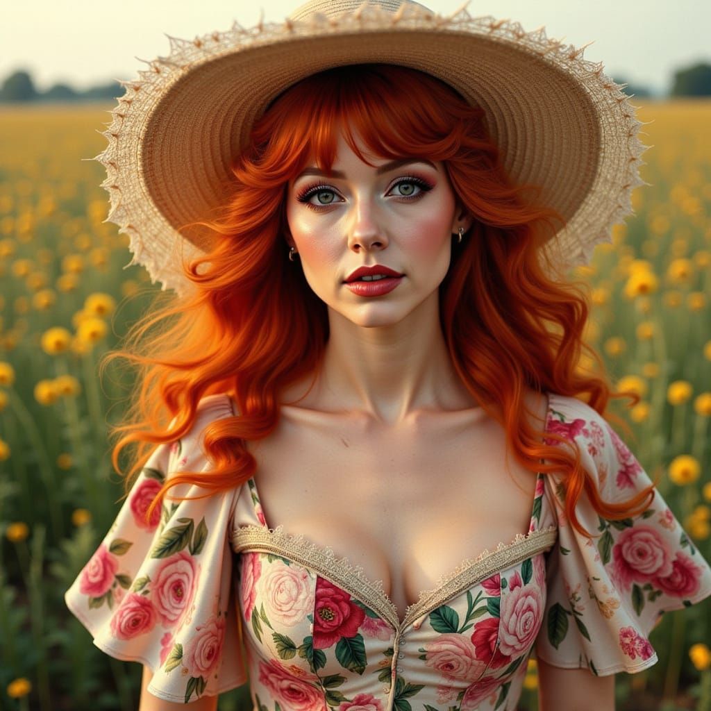 Hyperrealistic Pop Art: Red-Haired Beauty in Floral Gown