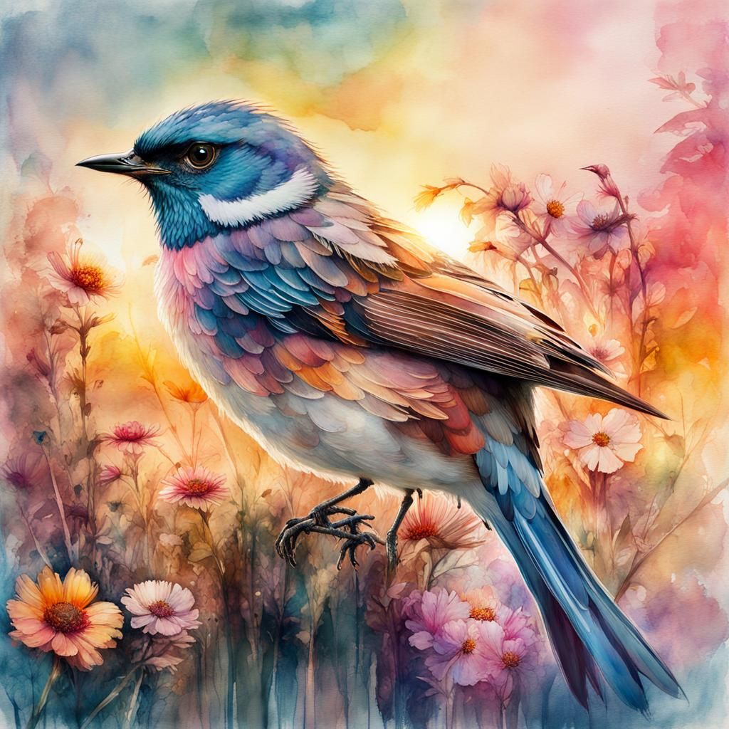Fairytale Bird at Sunset: Watercolor Double Exposure
