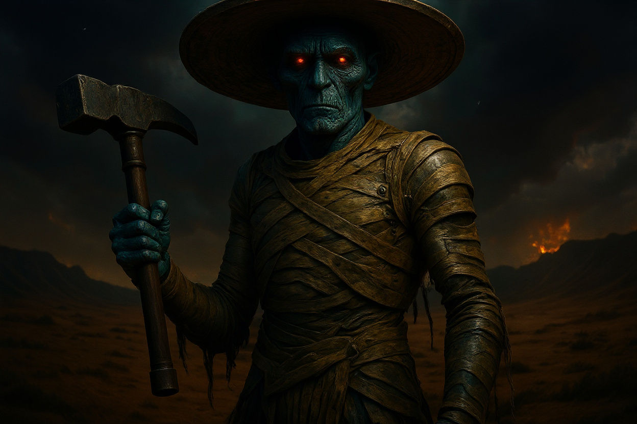 Vivid Mummy Portrait in Desert Landscape