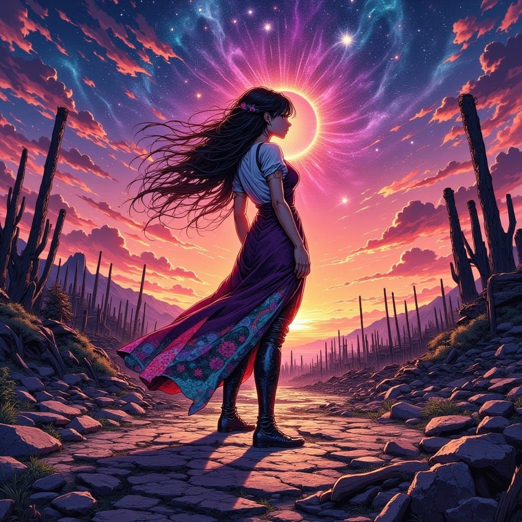 Empowered Woman in 80s Anime Style Amidst Devastated Landsca...