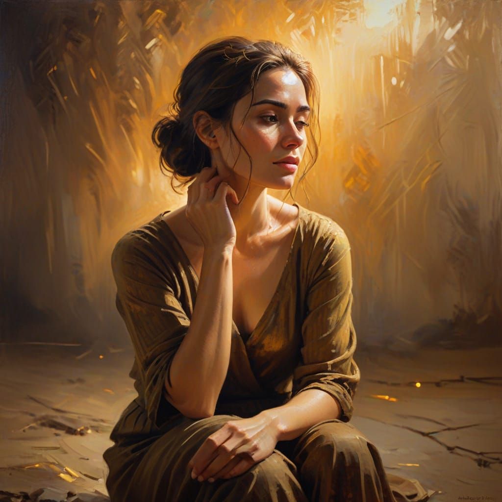 Melancholic Woman in Golden Light: An Oil Painting