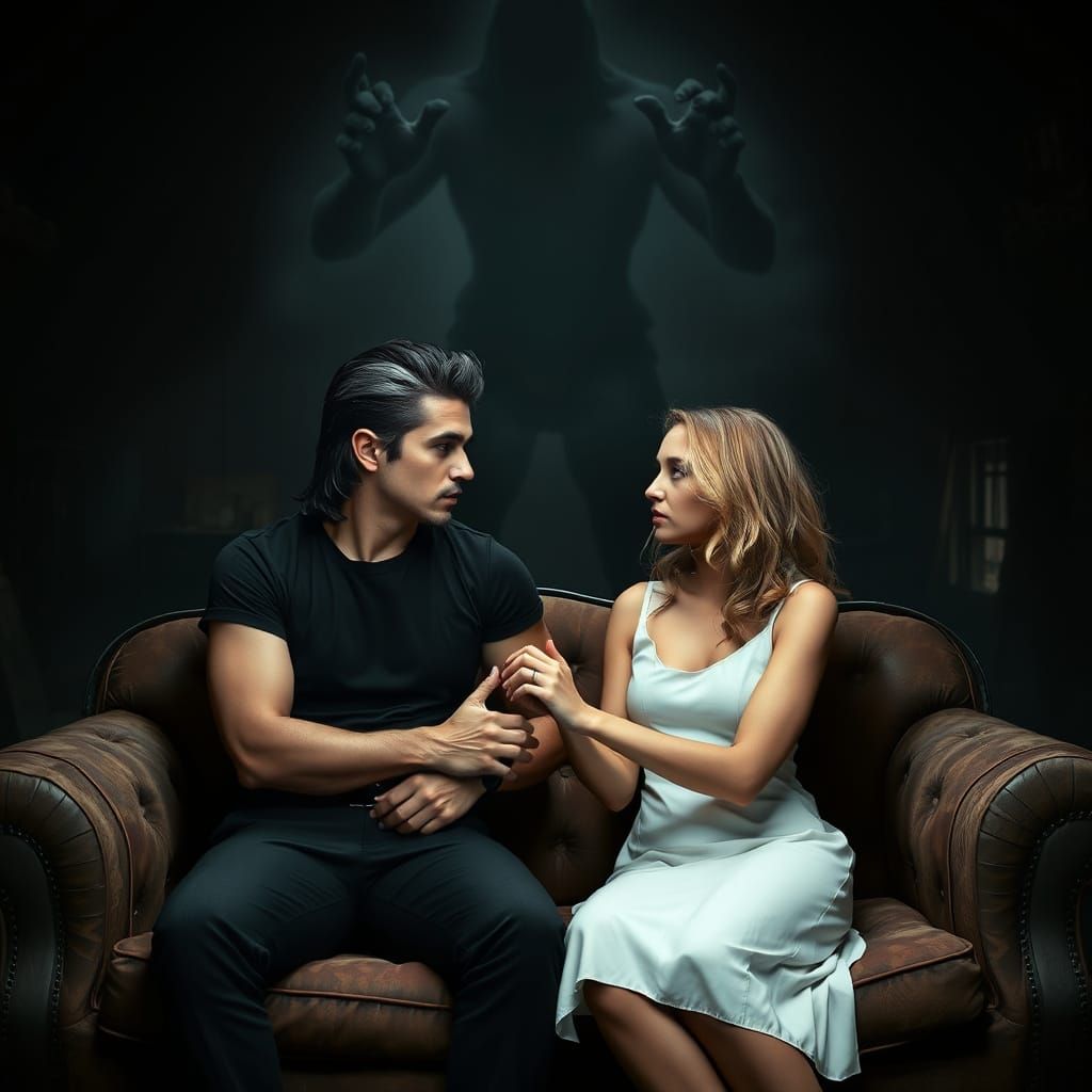 Handsome Man in Dimly Lit Attic with Mysterious Woman