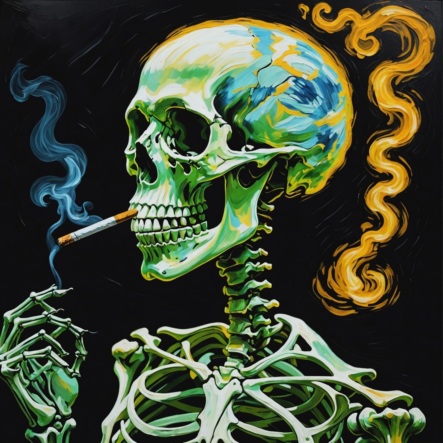 Smoking Skeleton: A Post-Impressionist Oil Painting