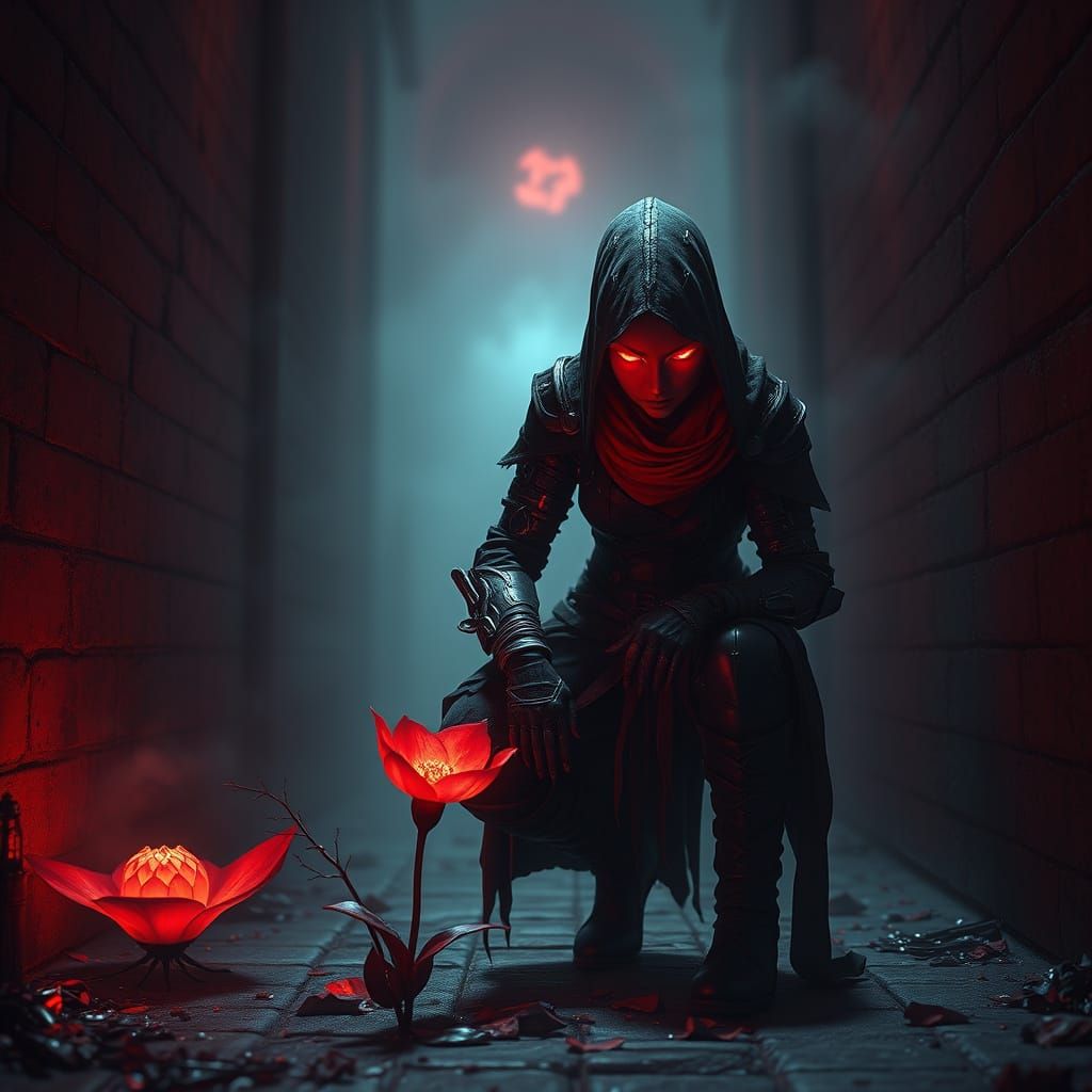 Blood-Soaked Assassin in Crimson Hued Alleyway
