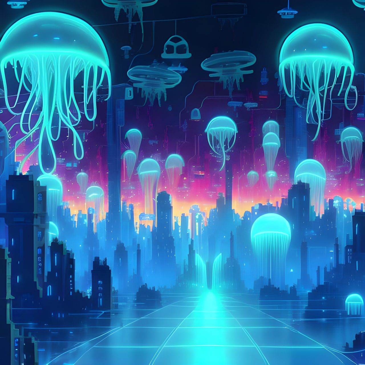 Neon Cyberpunk Cityscape with Glowing Jellyfish
