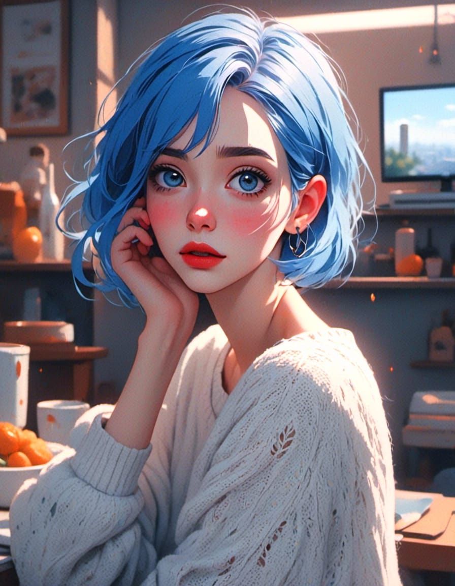 Blue-Haired Woman on TV: Anime Illustration