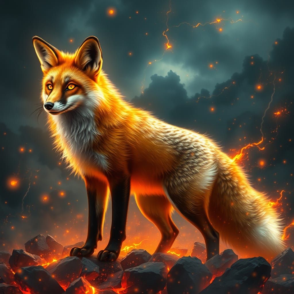 Majestic Fox Embodied in Fiery, Ethereal Glow