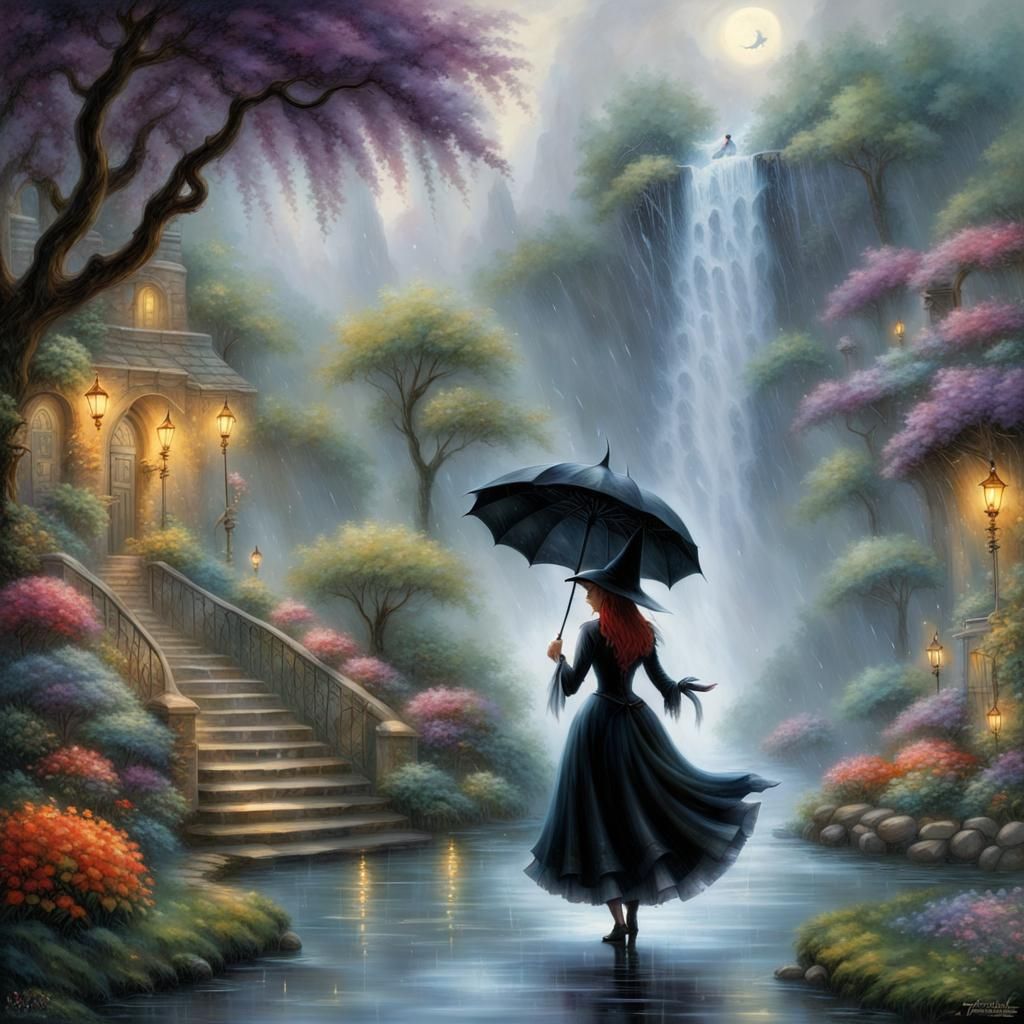 Happy Witch in Magical Waterfall Garden