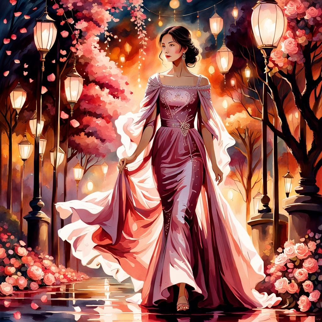 Ethereal Woman in Pink Gown Watercolor