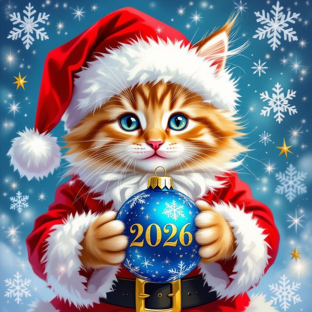 Fluffy Ginger Kitten as Santa in Magical New Year's Scene