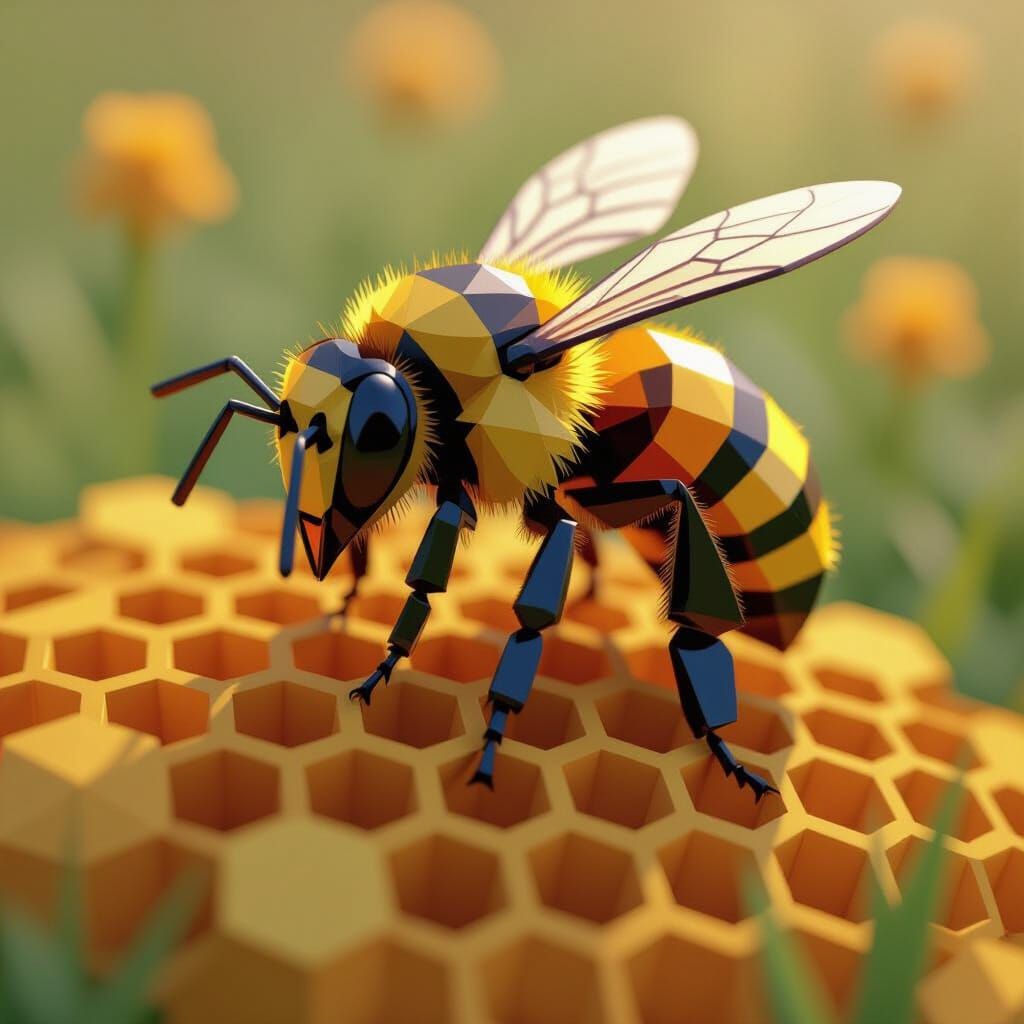 Hyperrealistic Bee near Low Poly Hive