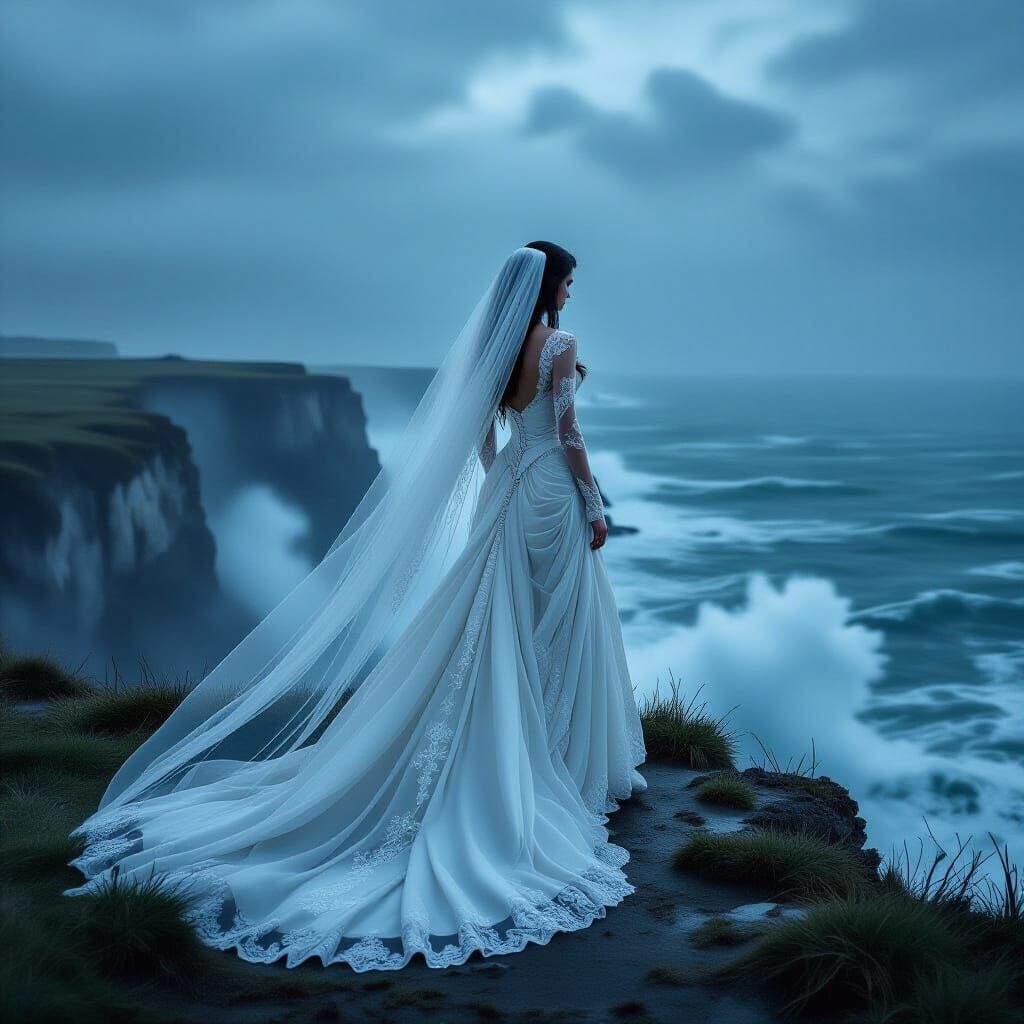 Spectral Bride on Windswept Cliff Overlooking Stormy Sea