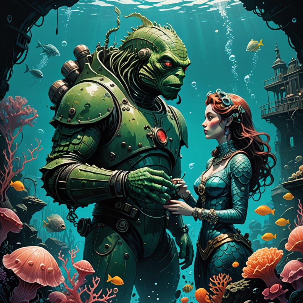 Retro-Futuristic Underwater Cityscape Valentine's Day Scene