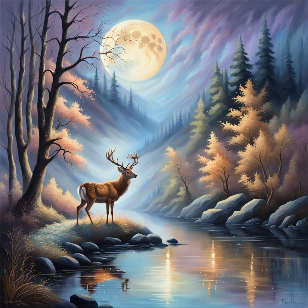 Majestic Deer Under Moonlight in Fantasy Landscape