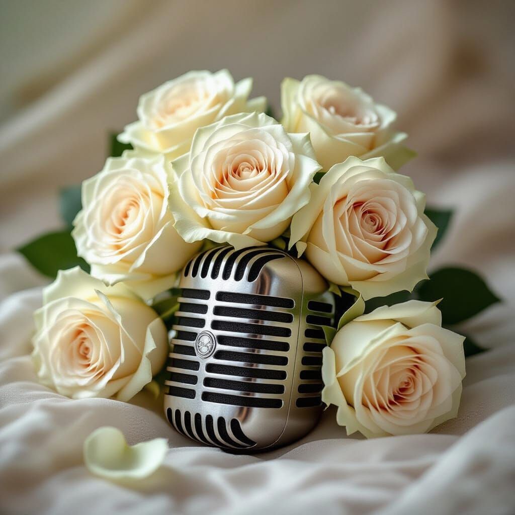 White Roses on Vintage Microphone: Nostalgic Photography